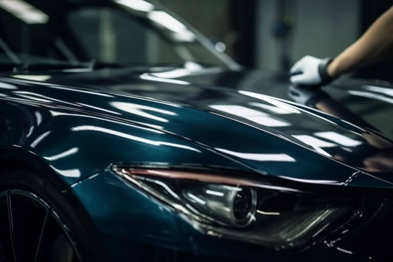 Shiny blue sports car with illuminated headlights