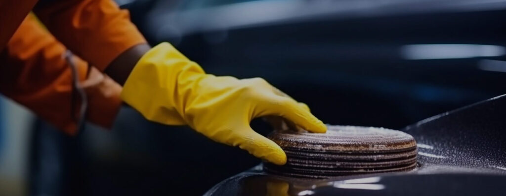 Auto body technician's hand detailing a vehicle's exterior