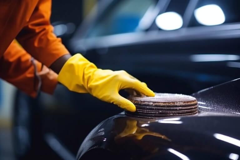 Auto body technician's hand detailing a vehicle's exterior
