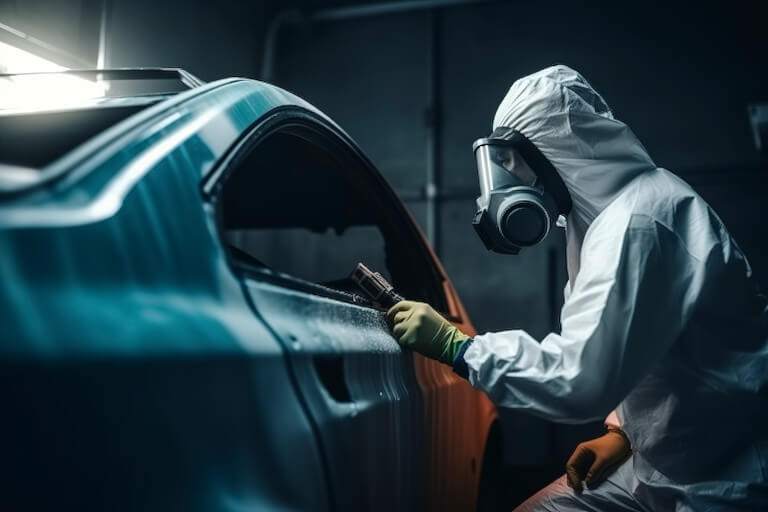 auto body technician applying coating to a car